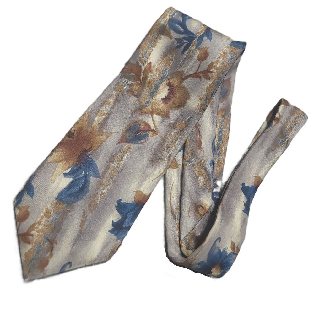 VTG Barrington Men's Tie 100% Silk Blue Gold Brown Floral Necktie